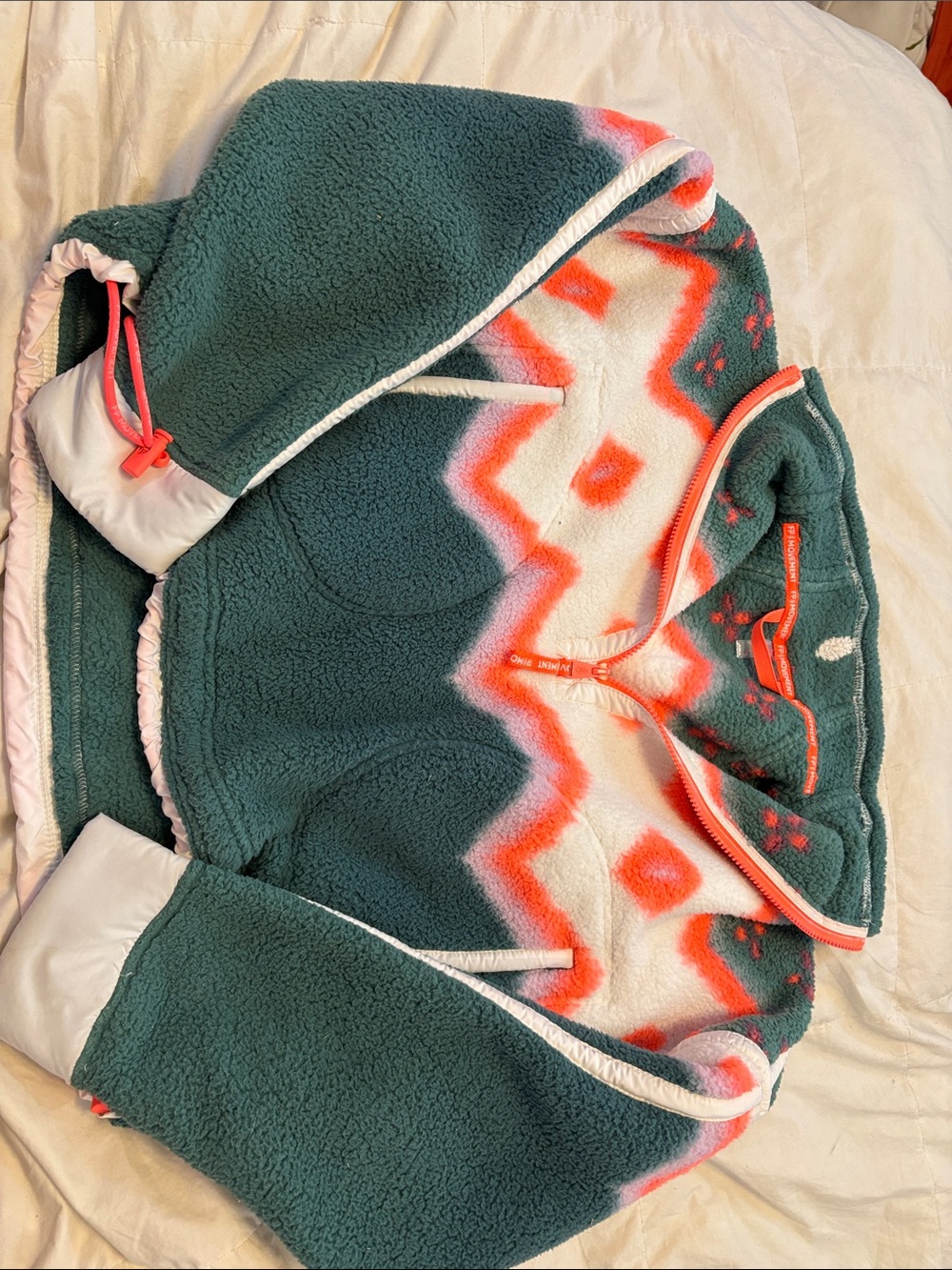 FP Movement by Free People Teal & Coral Patterned Sherpa Pullover